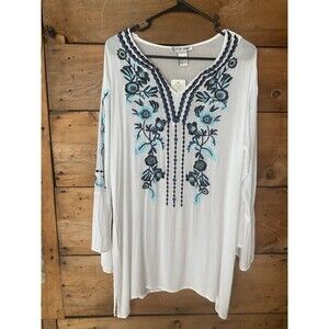 Cute Options Boho Beach Cover Women’s M White Blue Flower Embroidery Bell Sleeve